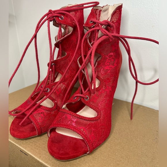 Red Wrap Around Ankle Lace Up Heels / Charlotte Russe - Picture 13 of 13